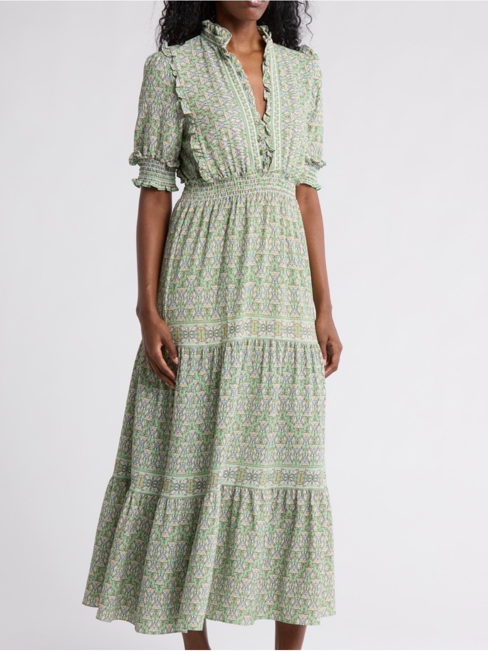 Max Studio Smocked Waist Ruffle Midi Dress in Light Green Floral Medium